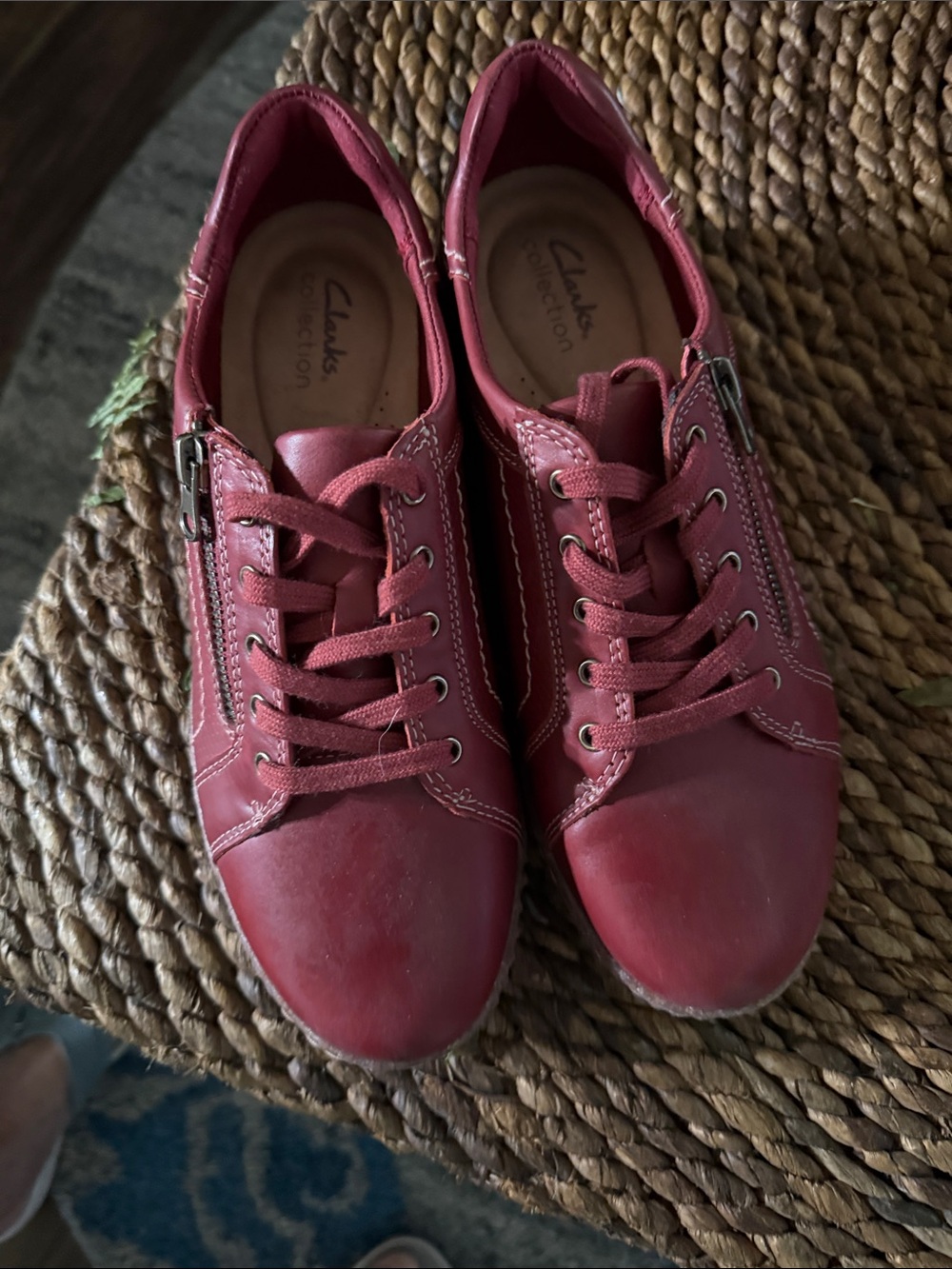 Clarks Burgundy Leather Lace-Up Sneakers with Side Zippers